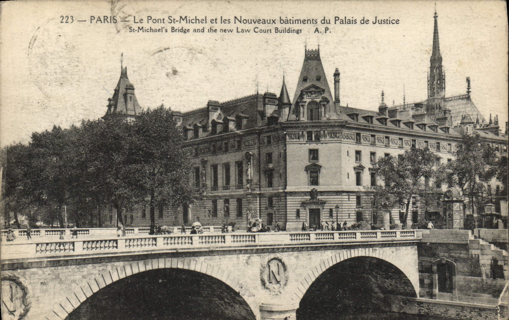 VINTAGE POSTCARD Paris the Bridge St Michel and New Building industries of the law courts