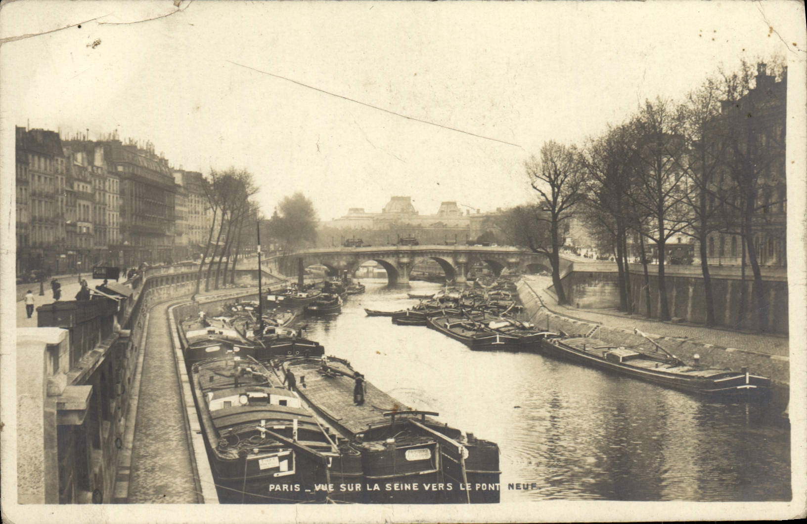 VINTAGE POSTCARD Paris Seen on the Seine towards the bridge Last nines Boat Barge