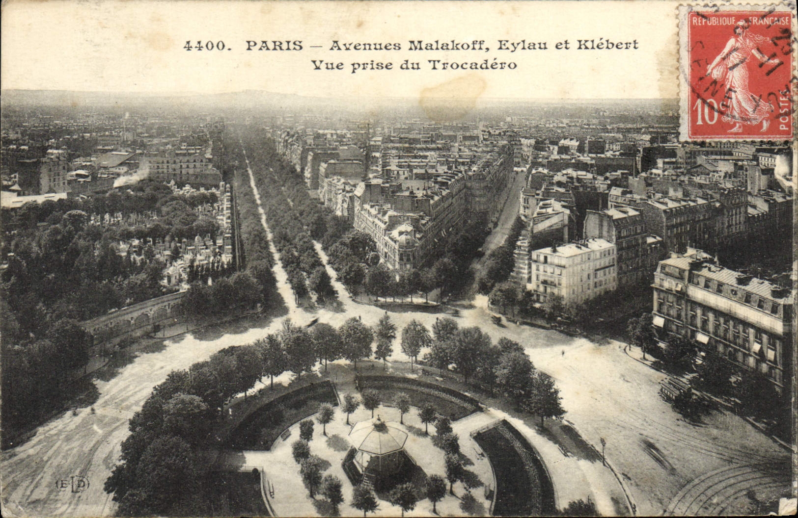 Avenidas Malakoff Eylau y Kleber de París de la POSTAL de la VENDIMIA vista de Trocadero