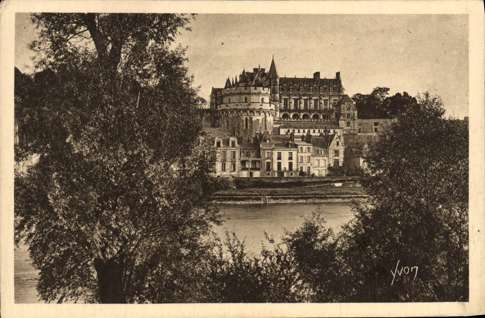 Castillo de la POSTAL de la VENDIMIA de la opinión de Amboise tomado de los bordes del Loire