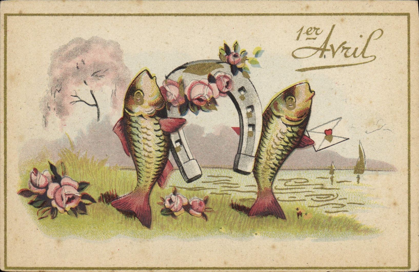VINTAGE POSTCARD April 1st Poisson Horseshoe