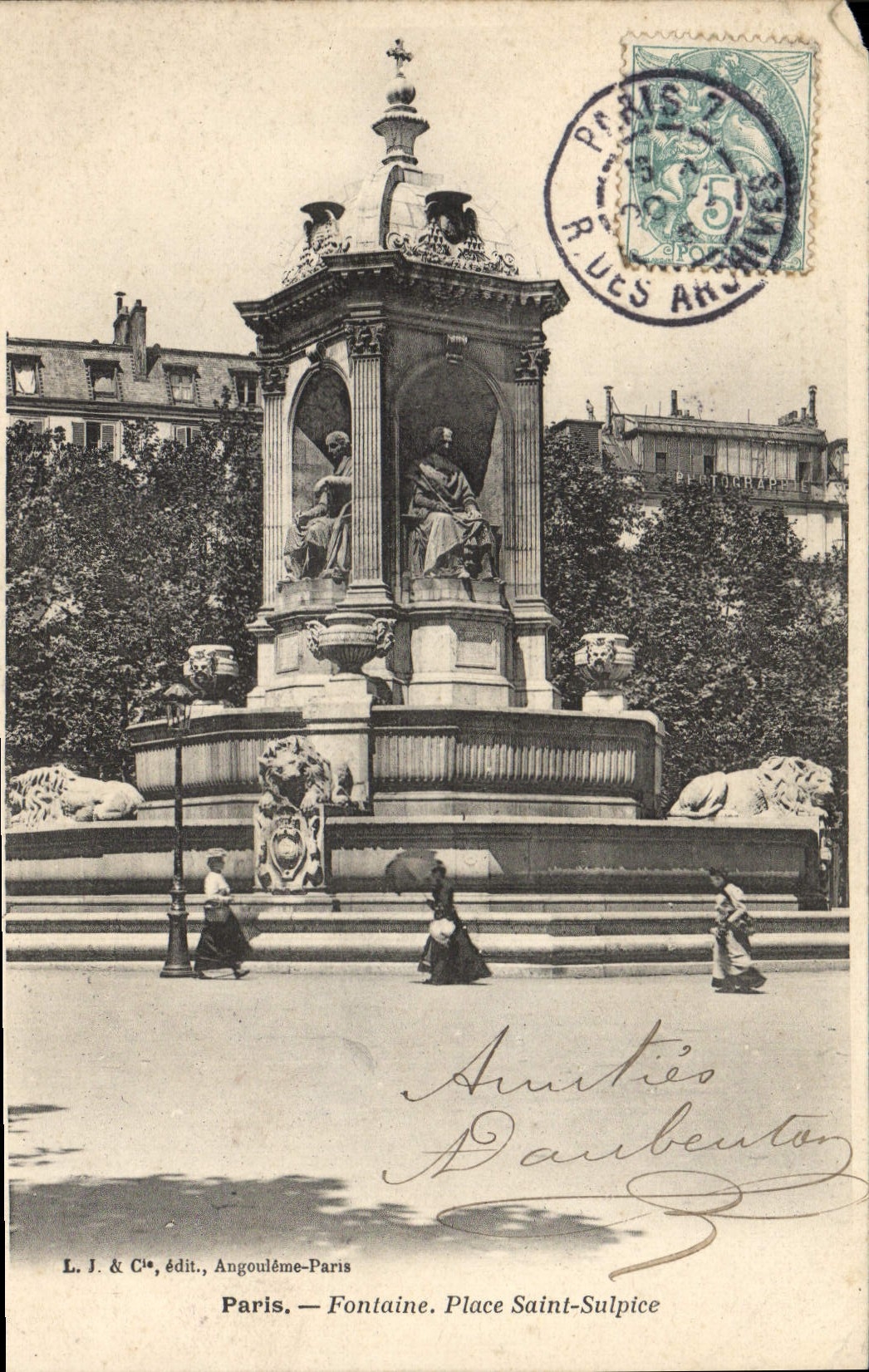 VINTAGE POSTCARD Paris Fontaine Places Holy Sulpice