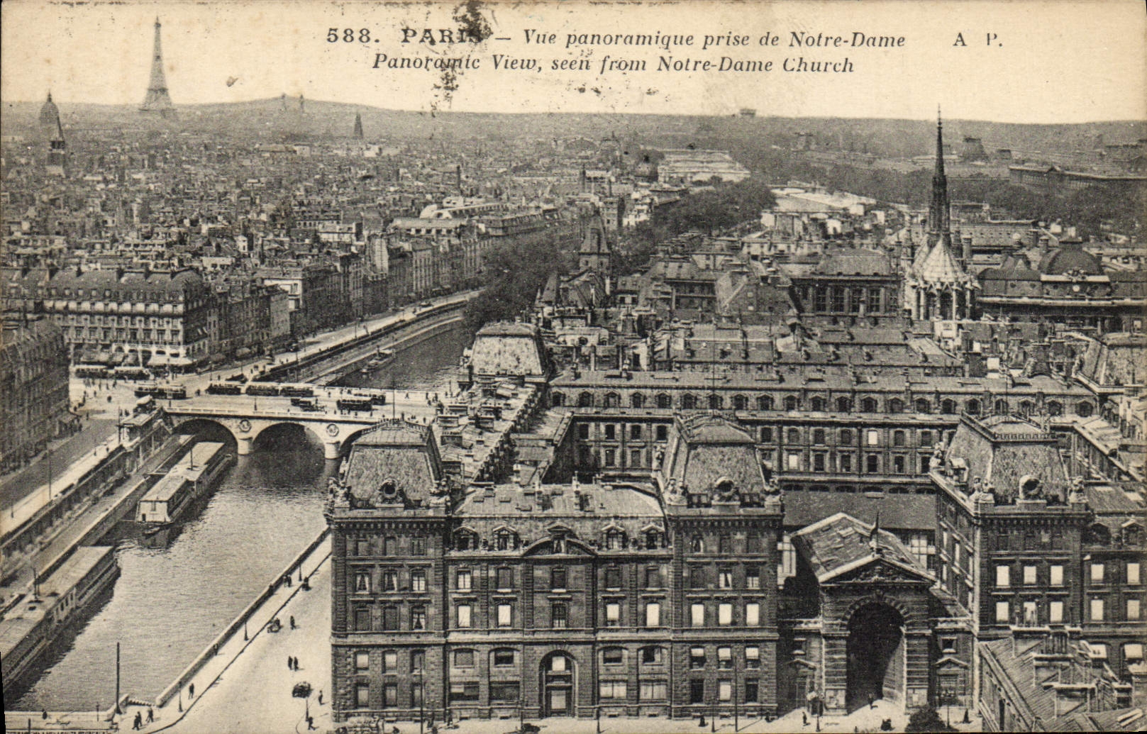 Opinión panorámica de París de la POSTAL de la VENDIMIA tomada de la torre Eiffel de Notre Dame