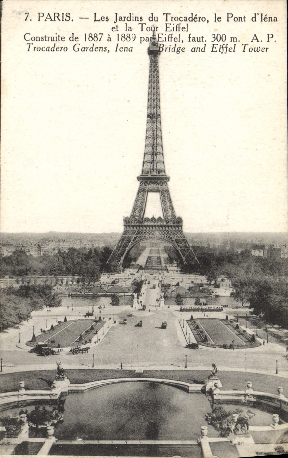VINTAGE POSTCARD Paris Gardens Of Trocadero the bridge of Iena Eiffel Tower