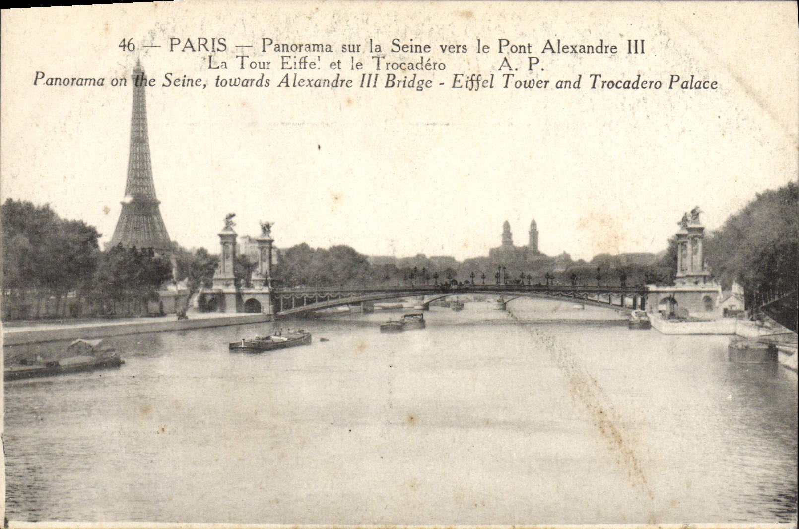 VINTAGE POSTCARD Paris Panorama On the Seine Towards the Bridge Alexandre III the Eiffel Tower and Trocadero