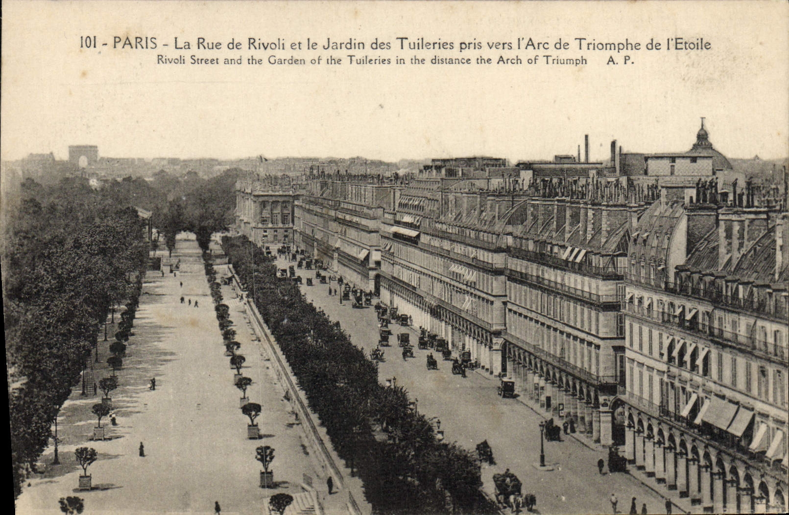 VINTAGE POSTCARD Paris the Street De Rivoli And the Garden of the Tileries taken towards Arc de Triomphe of Etoile