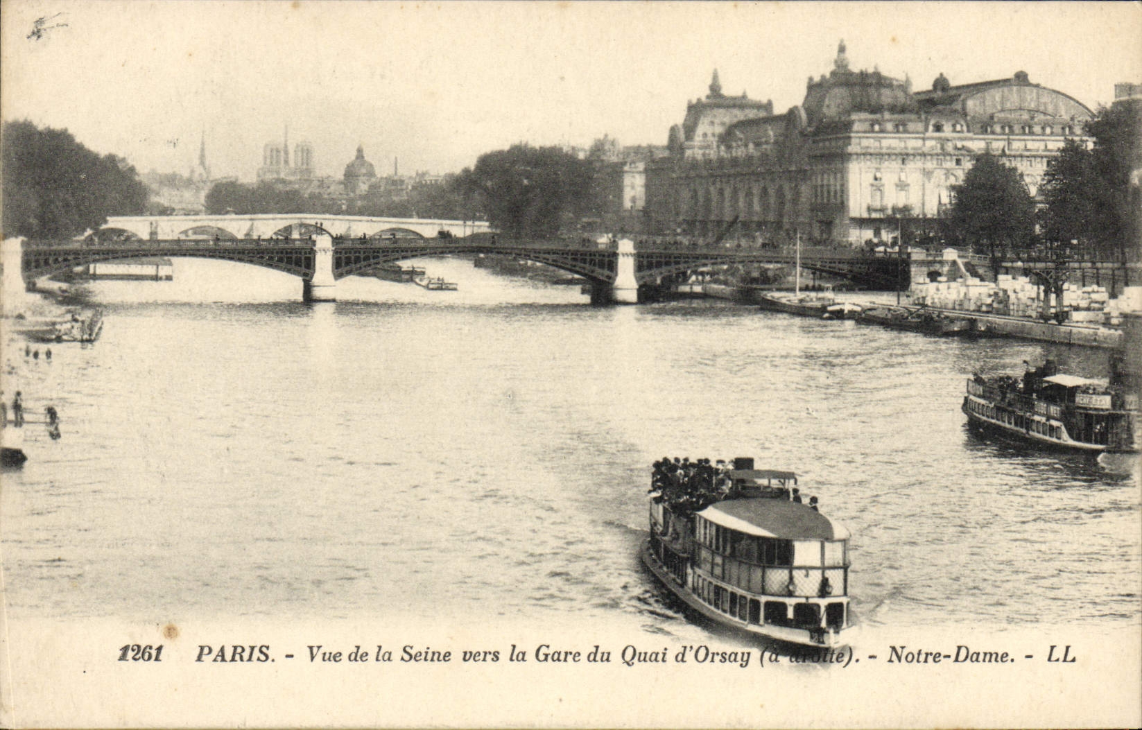 VINTAGE POSTCARD Paris Seen Of the Seine Towards Train station Of the Quay of Orsay Notre Dame Boat barge