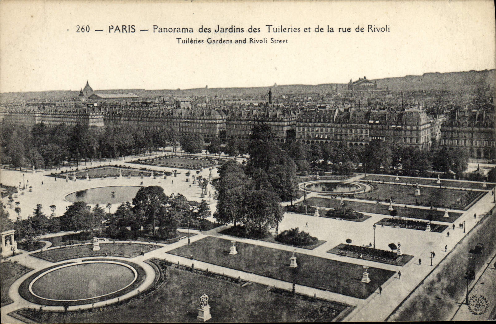 Panorama de París de la POSTAL de la VENDIMIA de los jardines de Tileries y de la calle de Rivoli