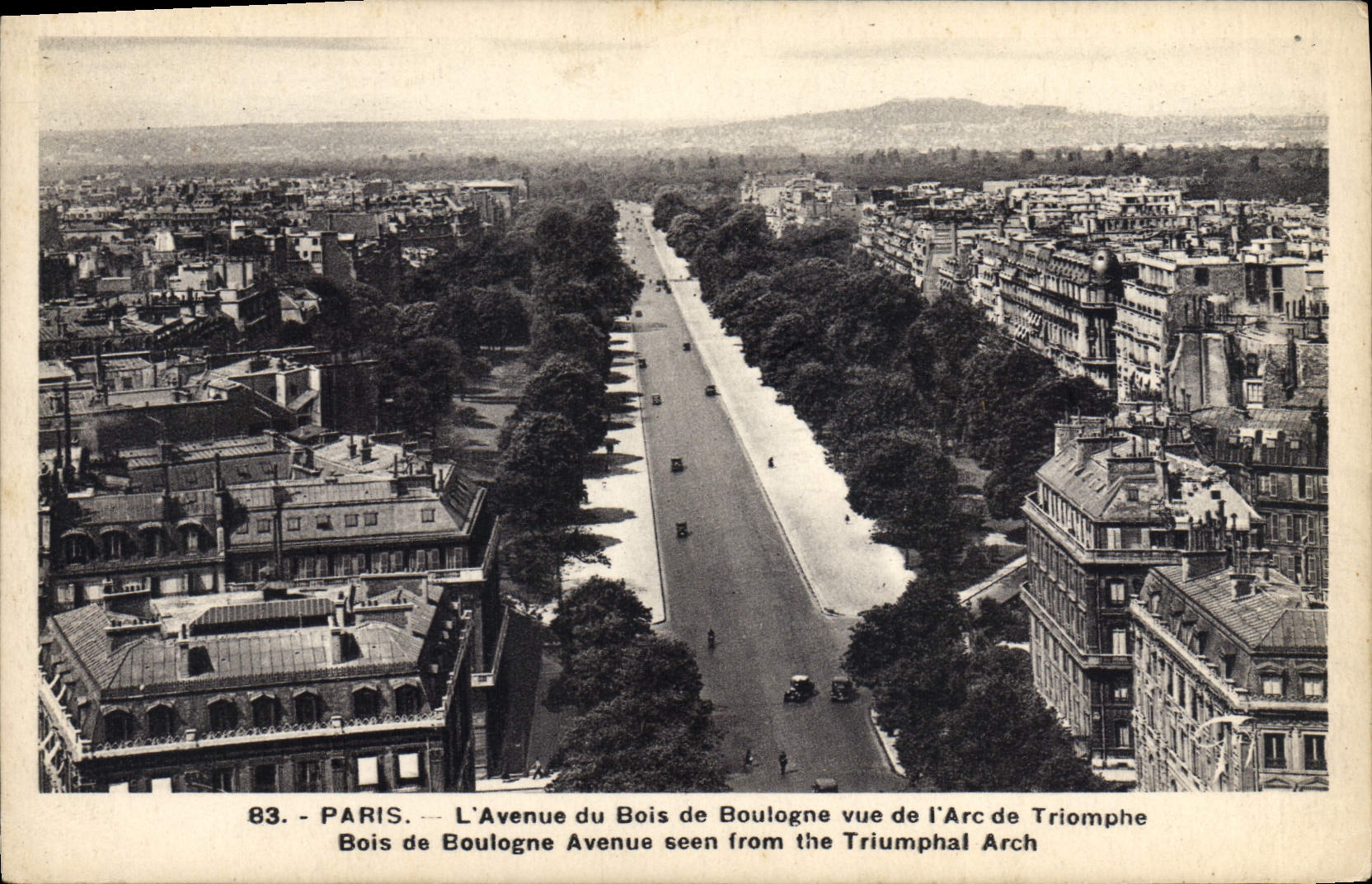 POSTAL París de la VENDIMIA la avenida del Bois de Boulogne visto de Arc de Triomphe
