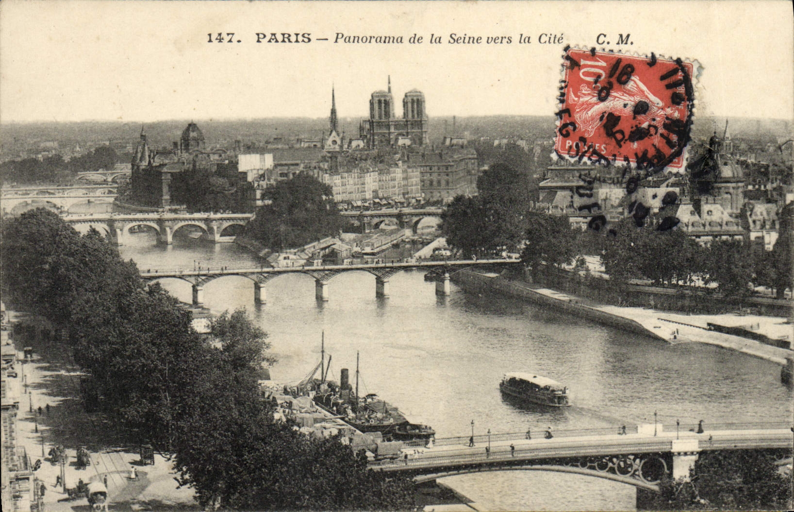 Panorama de París de la POSTAL de la VENDIMIA del Seine hacia el ISCED