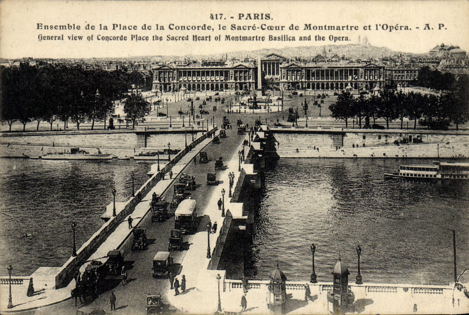 VINTAGE POSTCARD Paris Together of the Place of the Harmony the Sacring Heart of Montmartre and the Opera