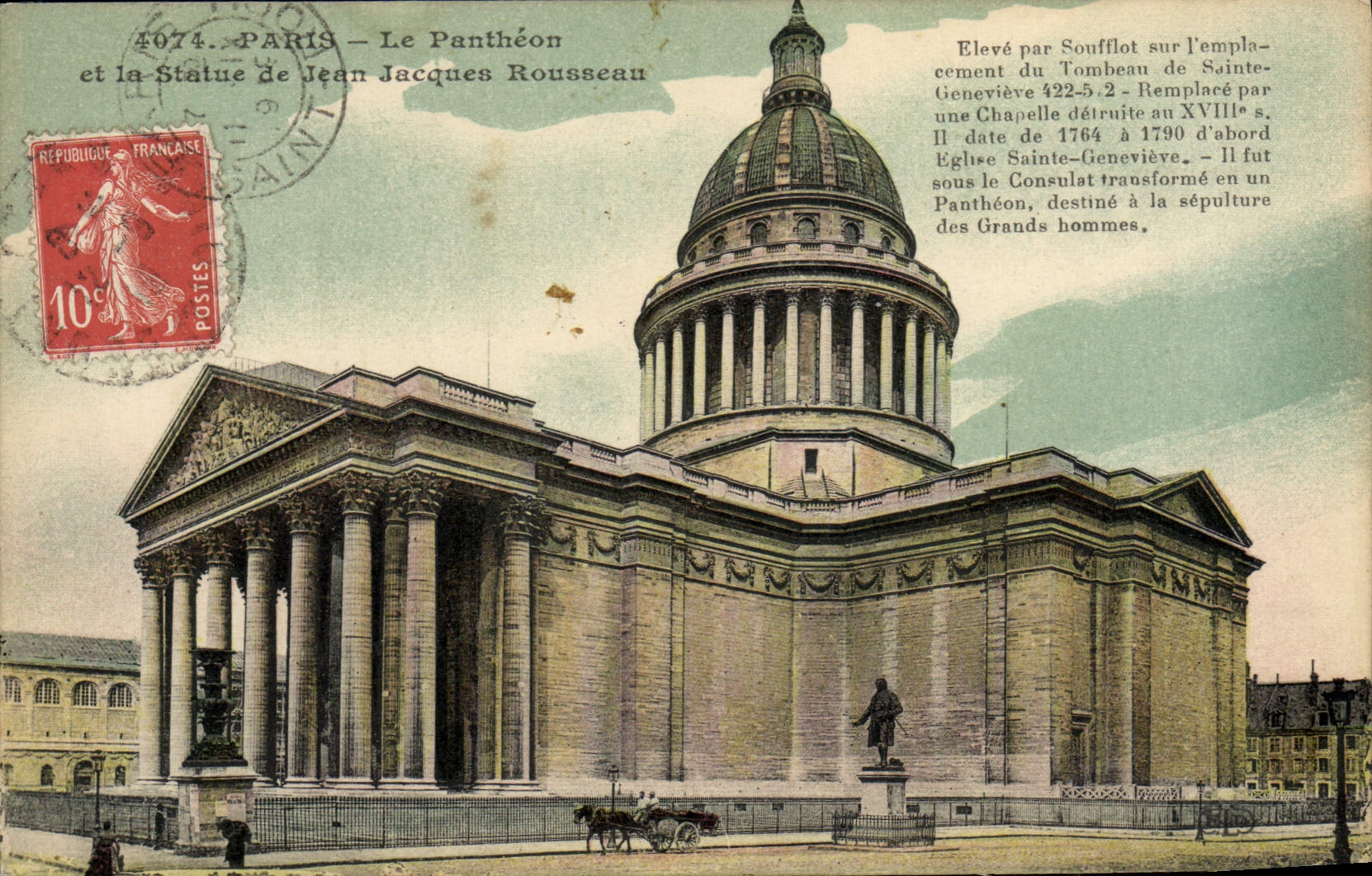 VINTAGE POSTCARD Paris the Pantheon and the statue of Jean Jacques Rousseau