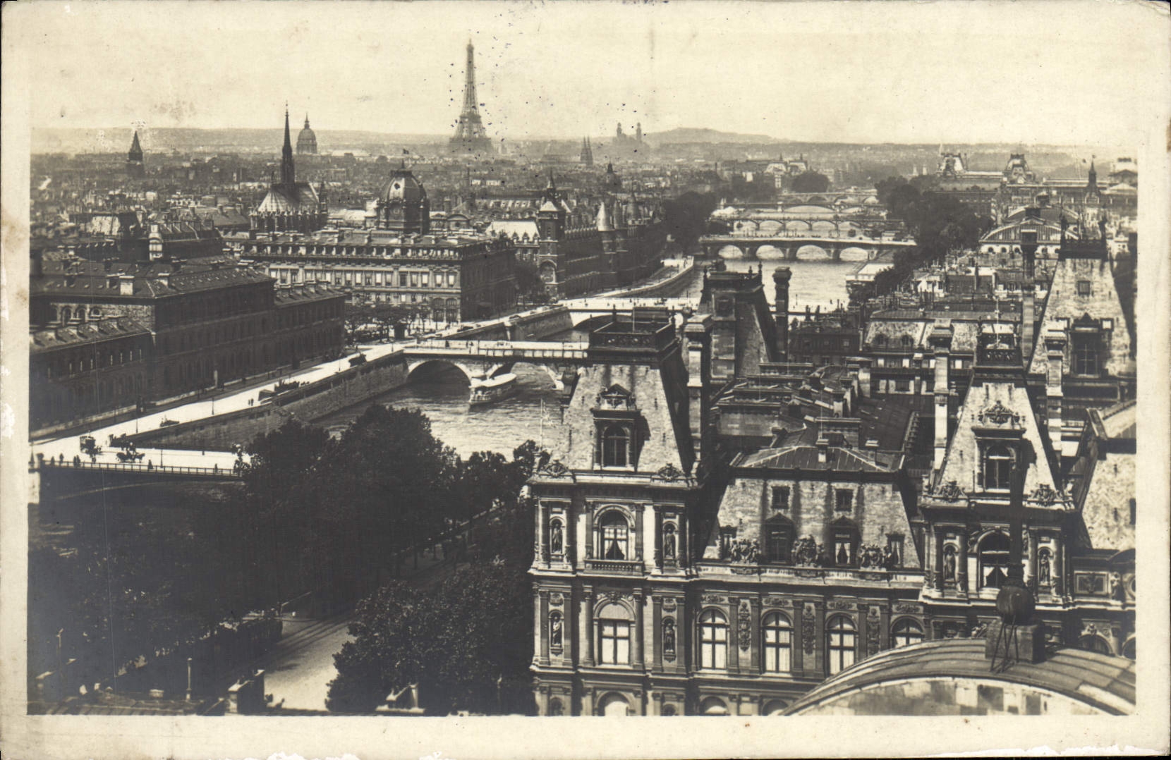 POSTAL París de la VENDIMIA vista de la torre Eiffel de siete puentes