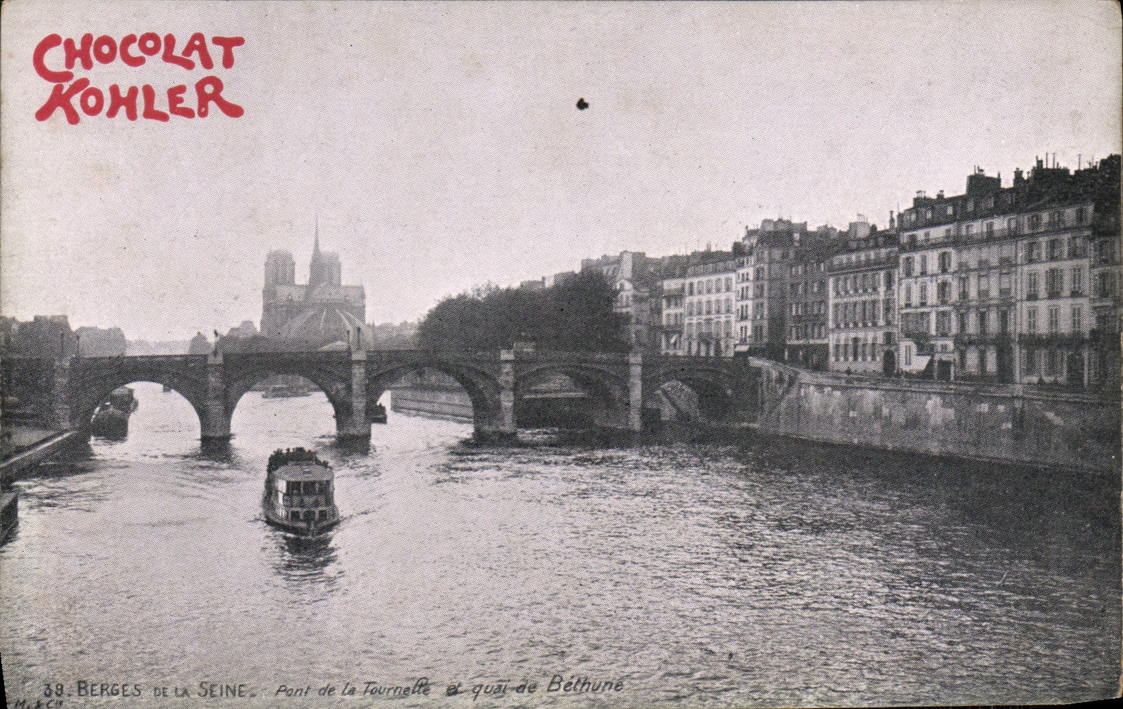 VINTAGE POSTCARD Paris Chocolate Kohler Bridge of the Spinner and quay of Bethine Boat Notre Dame barge