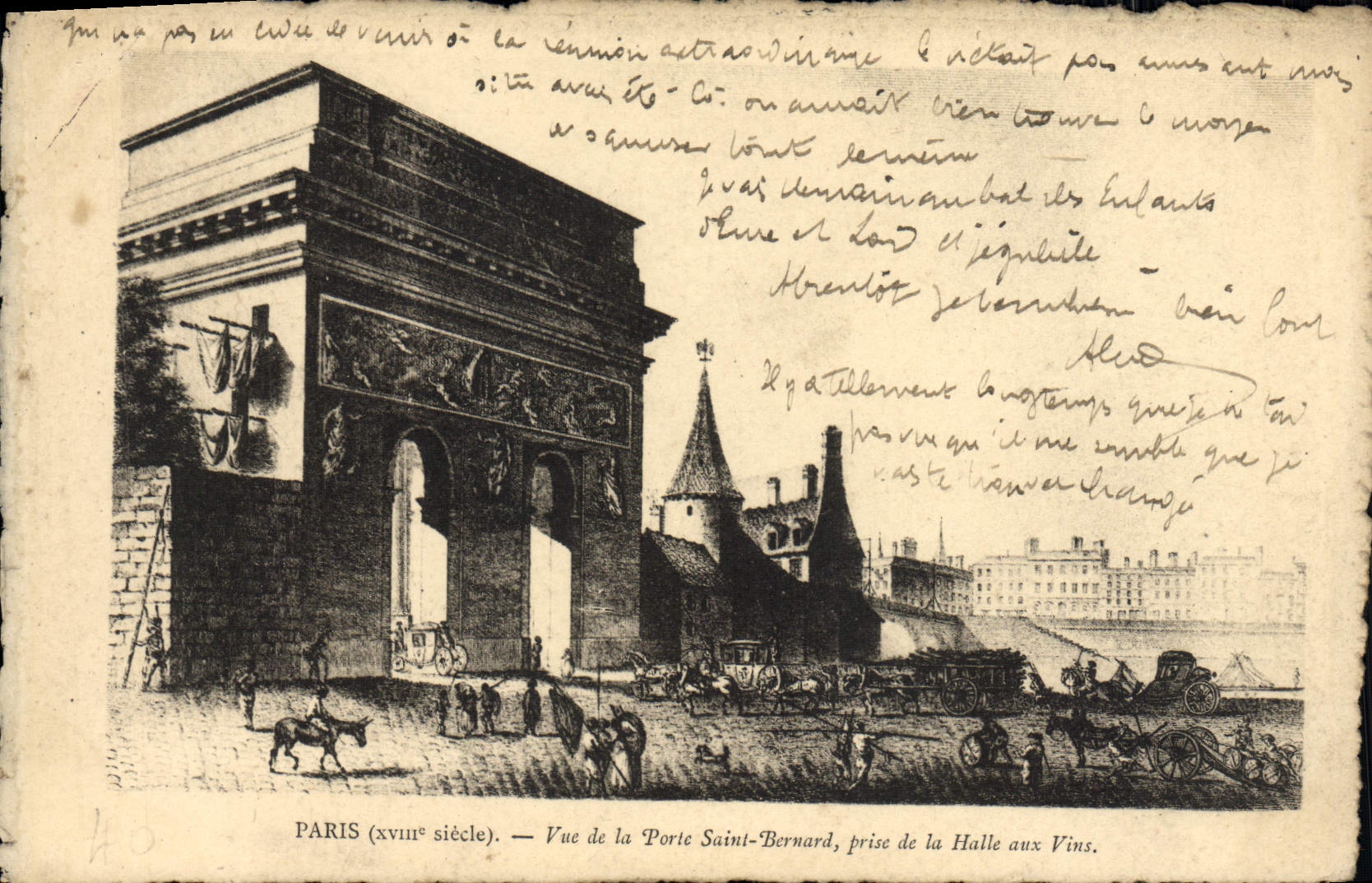 La POSTAL París de la VENDIMIA vista de la puerta Saint Bernard Prise del mercado de vino