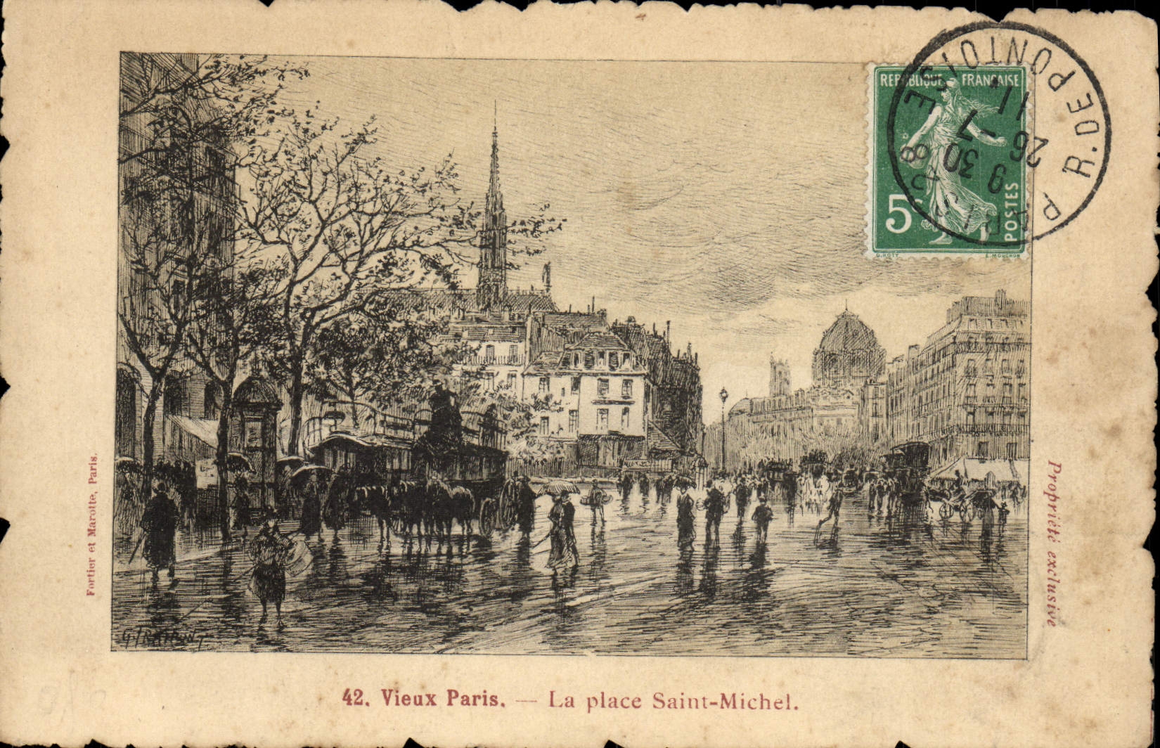 VINTAGE POSTCARD Old Paris the Place Saint Michel