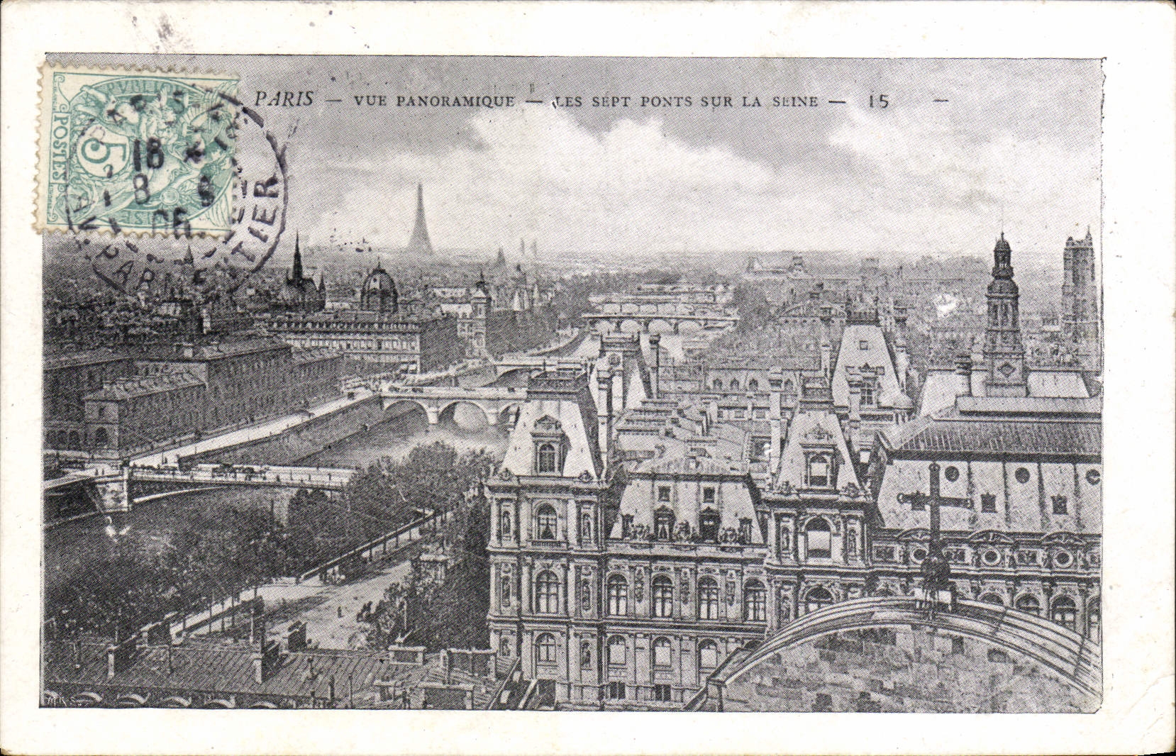 Opinión panorámica de París de la POSTAL de la VENDIMIA la torre Eiffel de siete puentes