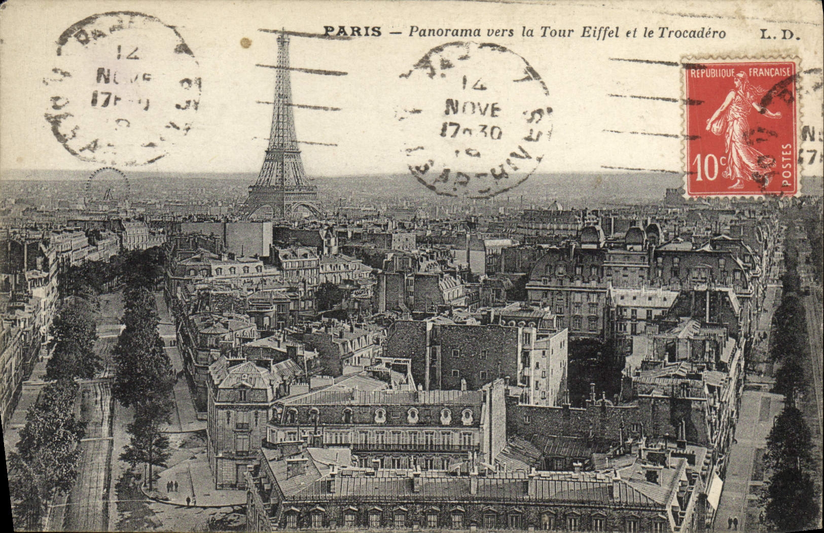 Panorama de París de la POSTAL de la VENDIMIA hacia torre Eiffel y Trocadero