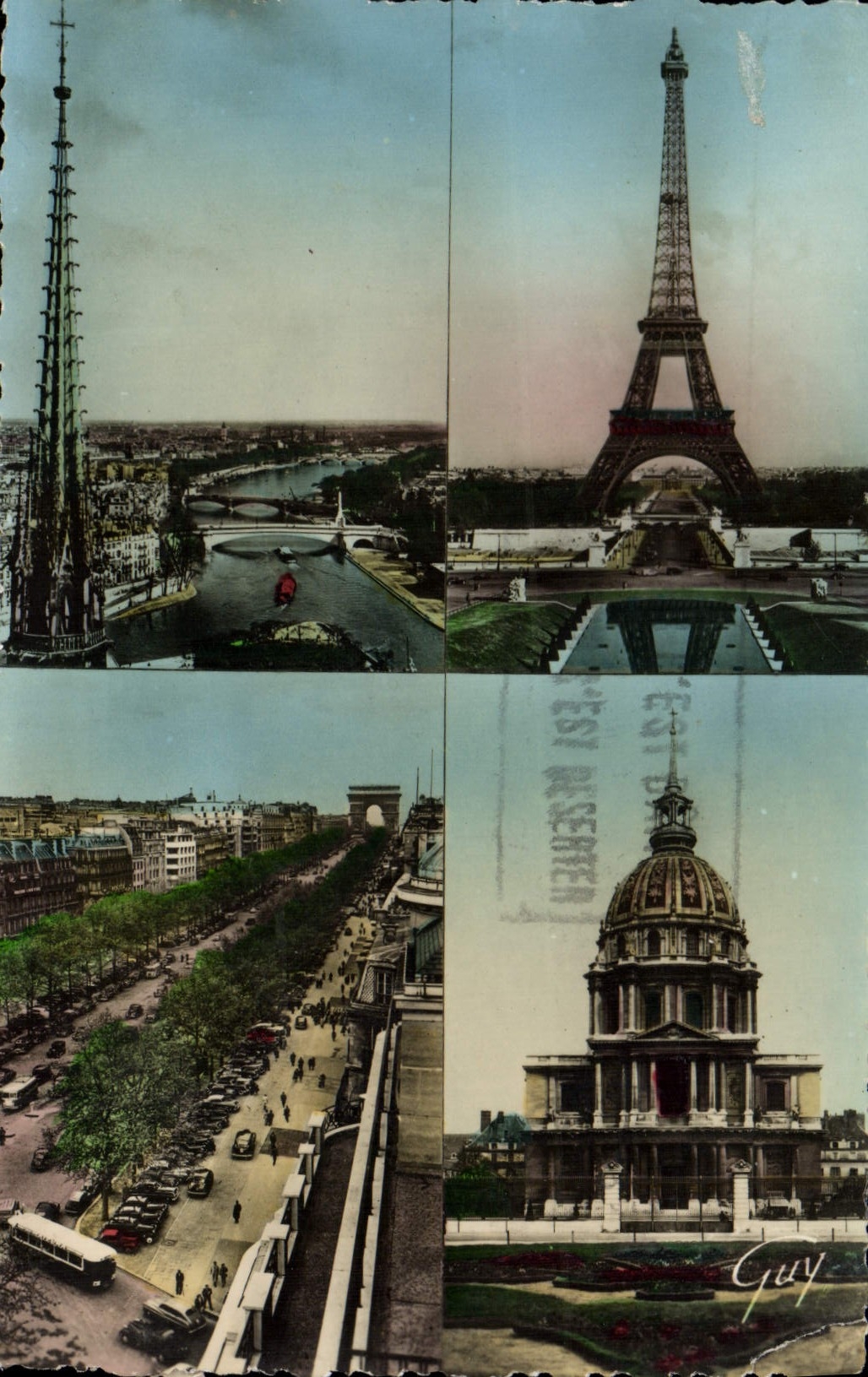 CPM Paris et ses Merveilles La Seine en amont de Notre Dame La tour Eiffel L'avenue des Champs Elysees et Invalides
