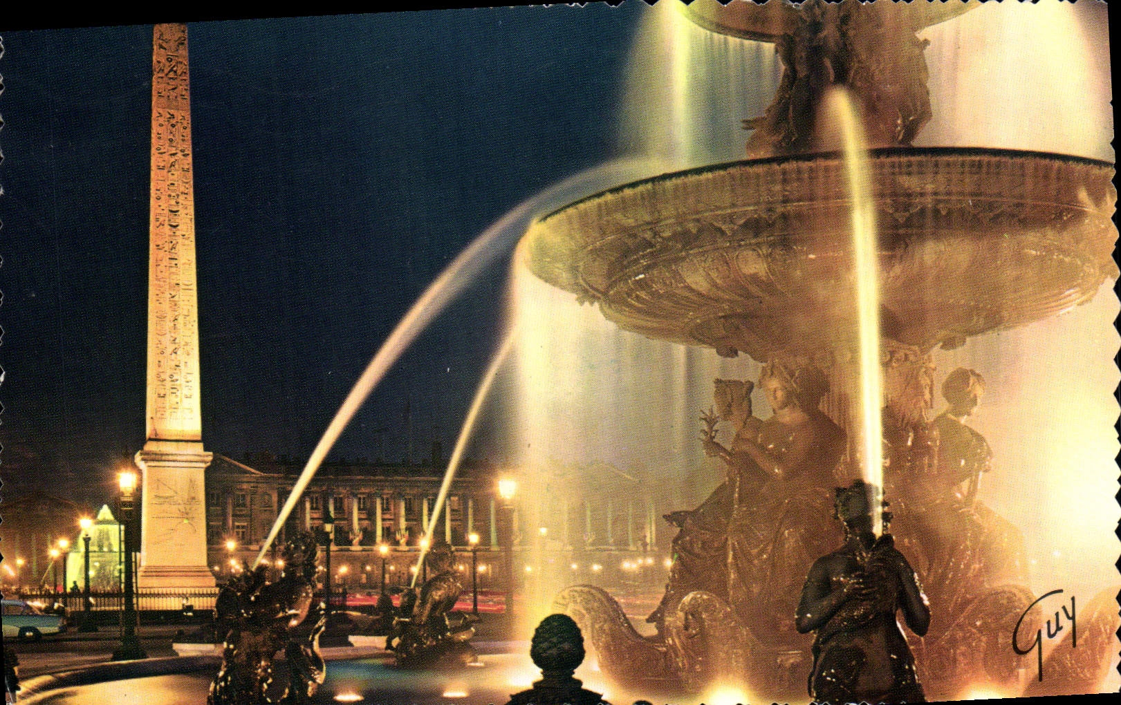 MODERN CARD Paris Fountain of the place of the Harmony and obelisk of Louqsor seen of night