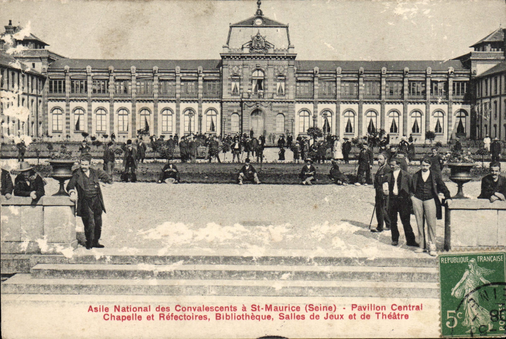 VINTAGE POSTCARD National Asile of the Convalescents has St Maurice Pavillon central Chapelle and refectory Bibliotheque Gaming rooms