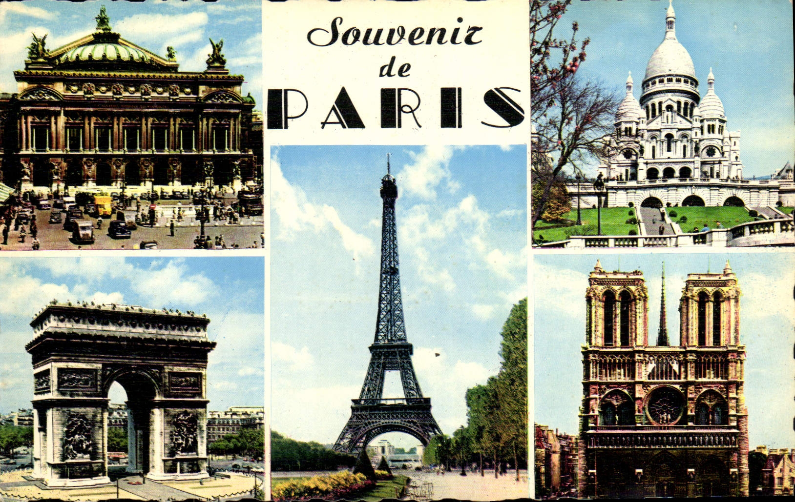 CPM Souvenir de Paris L'Opera Basilique du Sacre Coeur Arc de Triomphe de l'Etoile Tour Eiffel Cathedrale Notre Dame