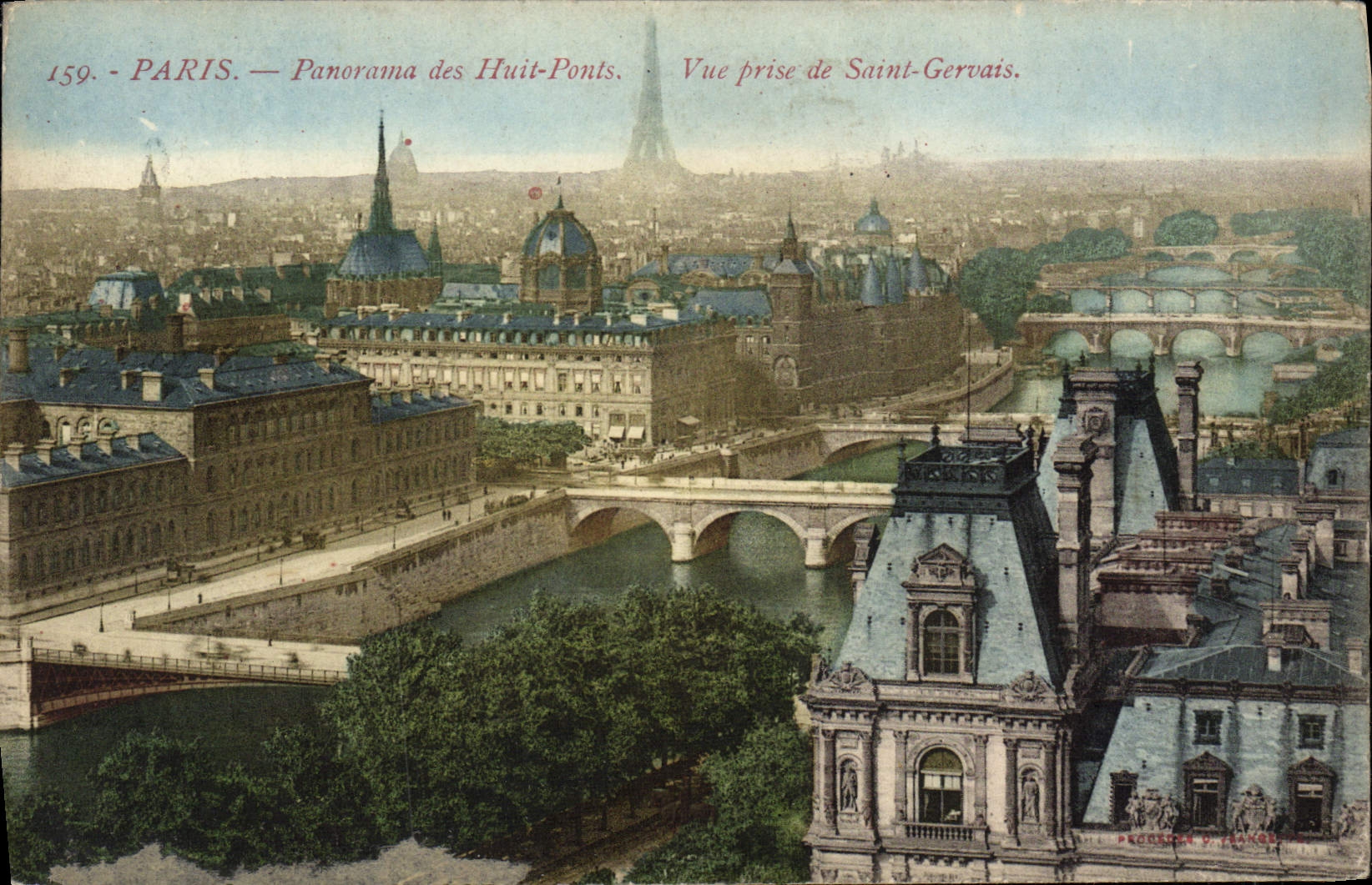 Panorama de París de la POSTAL de la VENDIMIA de los ocho puentes vista de Gervais Saint