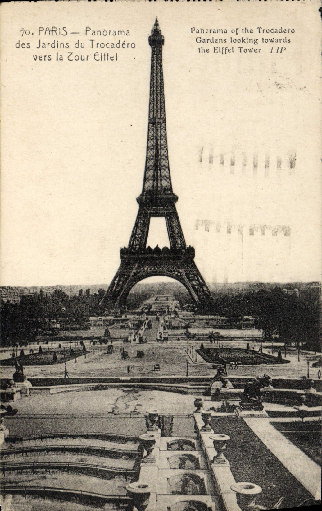 Panorama de París de la POSTAL de la VENDIMIA de los jardines de Trocadero hacia el elefante de Eiffel de la torre