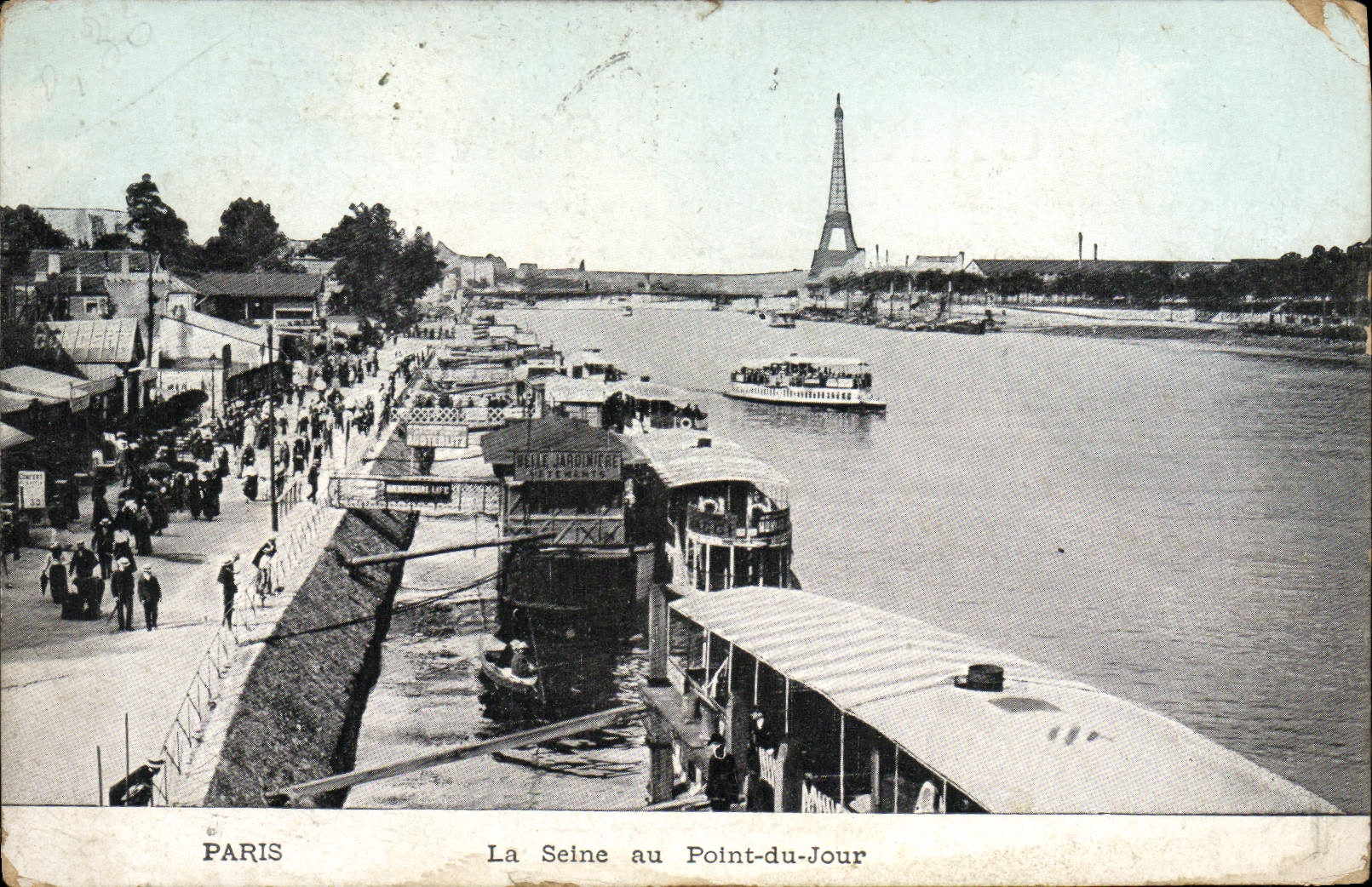 VINTAGE POSTCARD Paris the Seine with the Bridge of the Day Eiffel Tower Boat