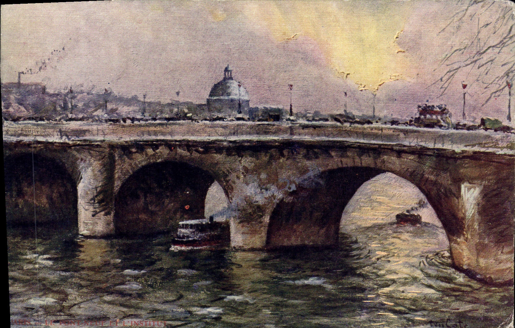 VINTAGE POSTCARD Paris the new bridge and the institute