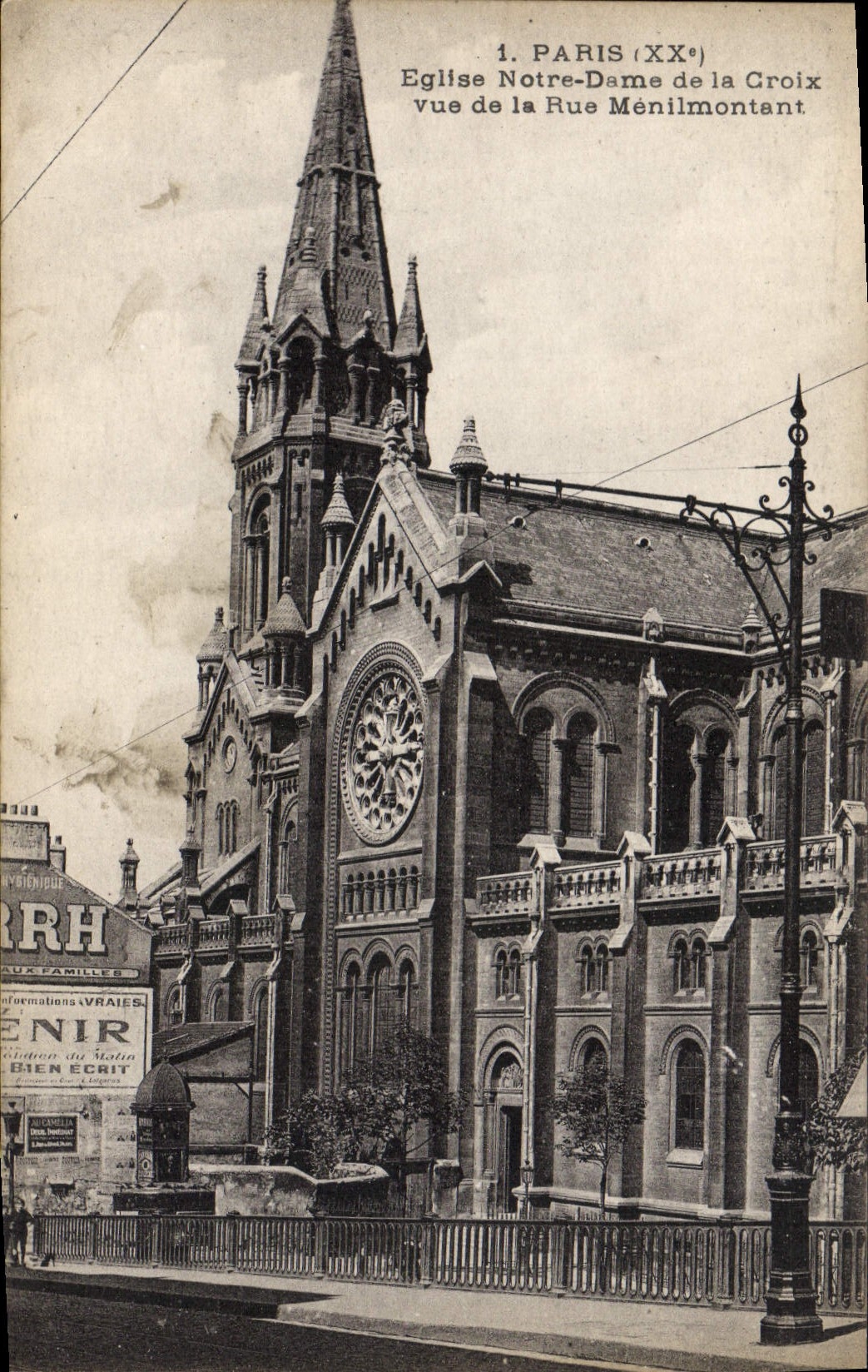 VINTAGE POSTCARD Paris Notre Dame Church of the Cross seen of the Street of Menilmontant