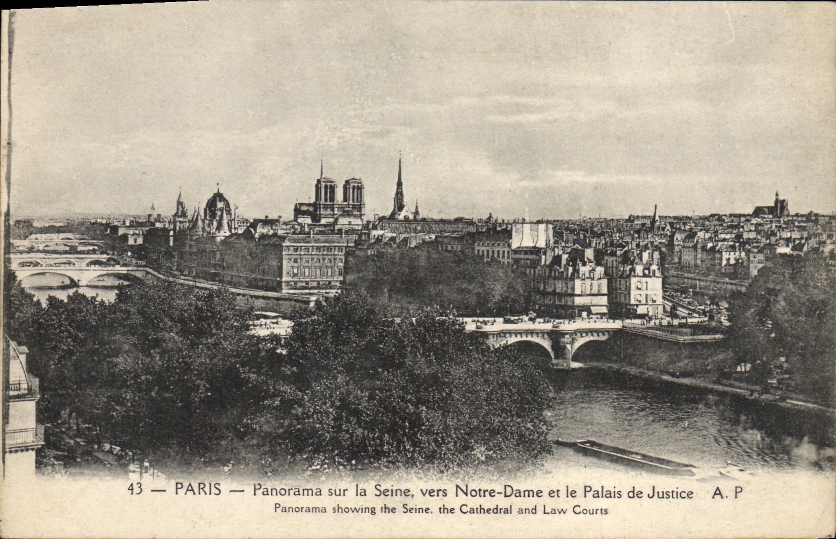 Panorama de París de la POSTAL de la VENDIMIA en el Seine hacia Notre Dame y las cortes de ley
