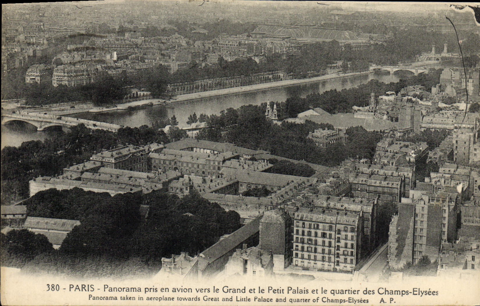 Panorama de París de la POSTAL de la VENDIMIA admitido el plano hacia el grande y el pequeño palacio y el districto de los campos de Elysees