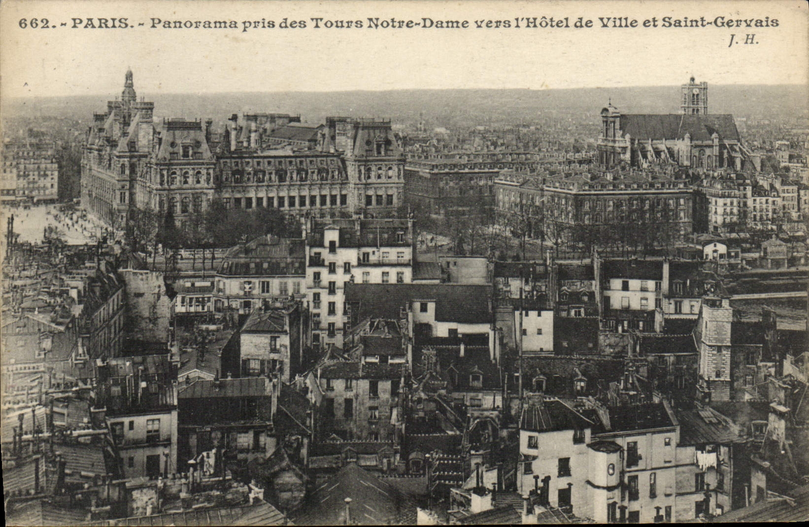 Panorama de París de la POSTAL de la VENDIMIA tomado de los viajes Notre Dame hacia el ayuntamiento y el Gervais santo