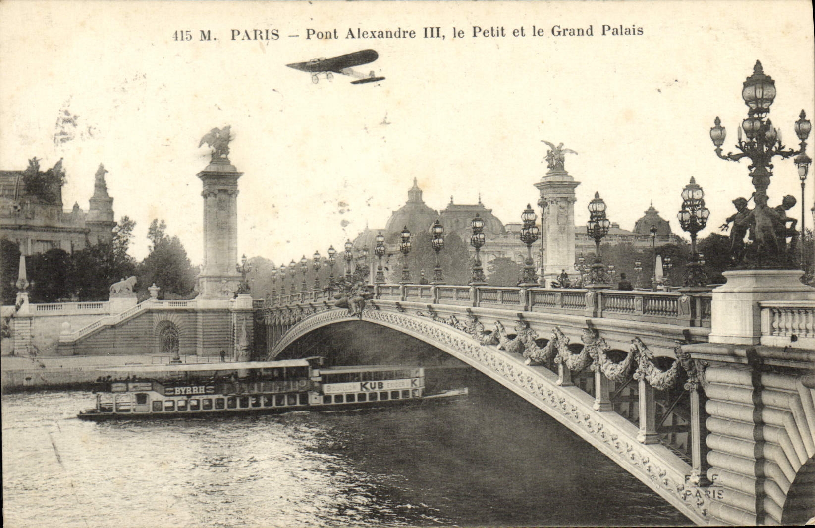 VINTAGE POSTCARD Paris Bridge Alexandre III the Small one And the Large palace Plane Boat Barge