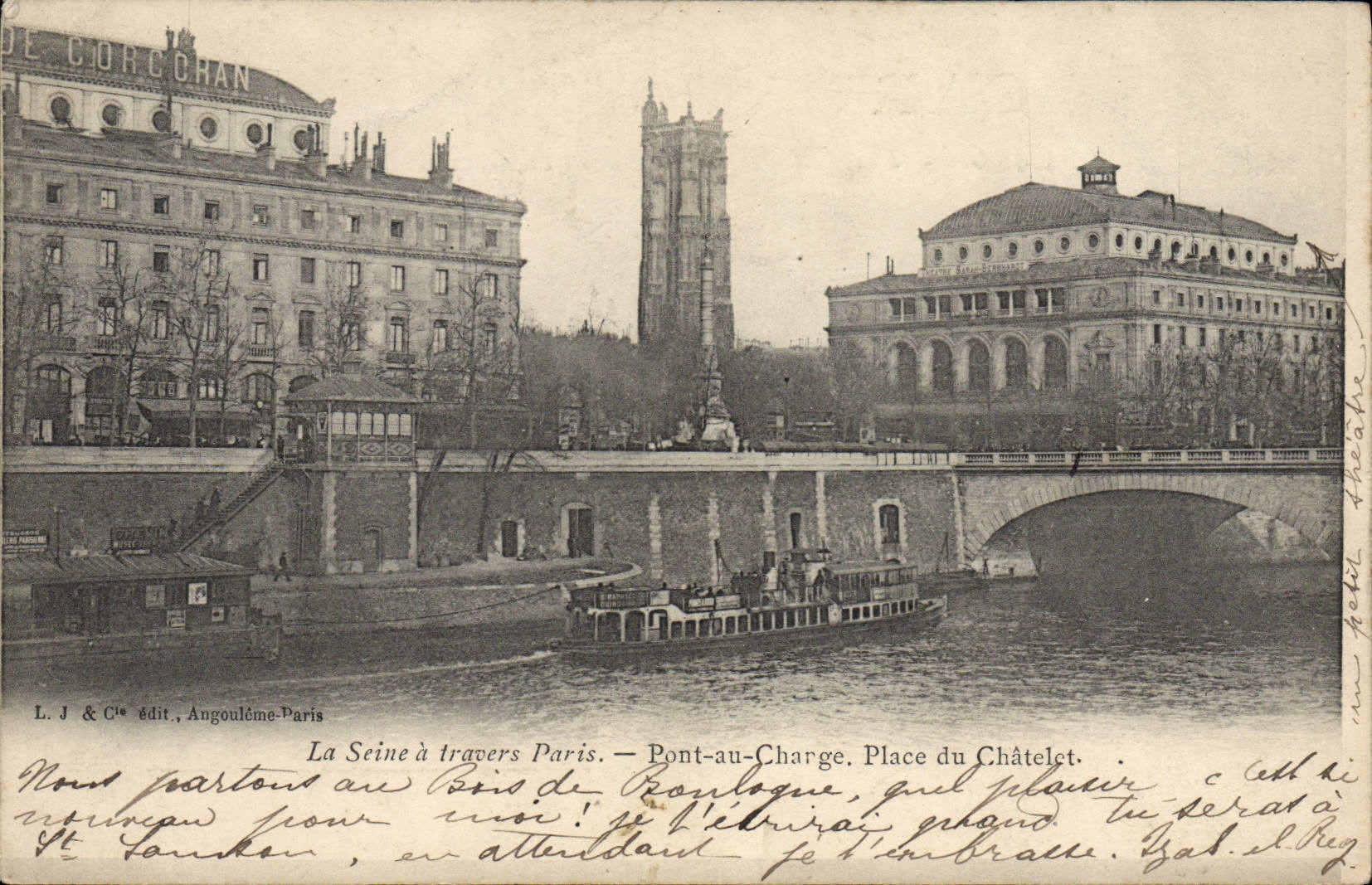VINTAGE POSTCARD the Seine Through Paris Pont With the Load Places of Chatelet Bateau barge