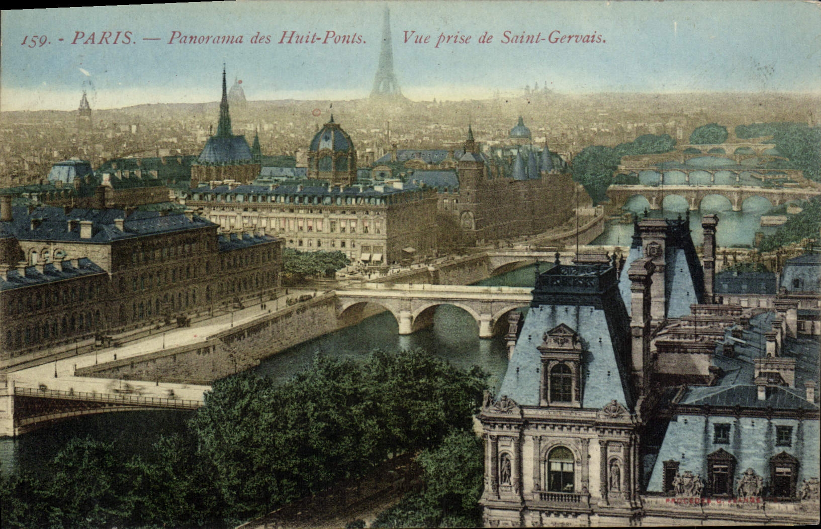 Panorama de París de la POSTAL de la VENDIMIA de los ocho puentes vista Saint de la torre Eiffel de Gervais