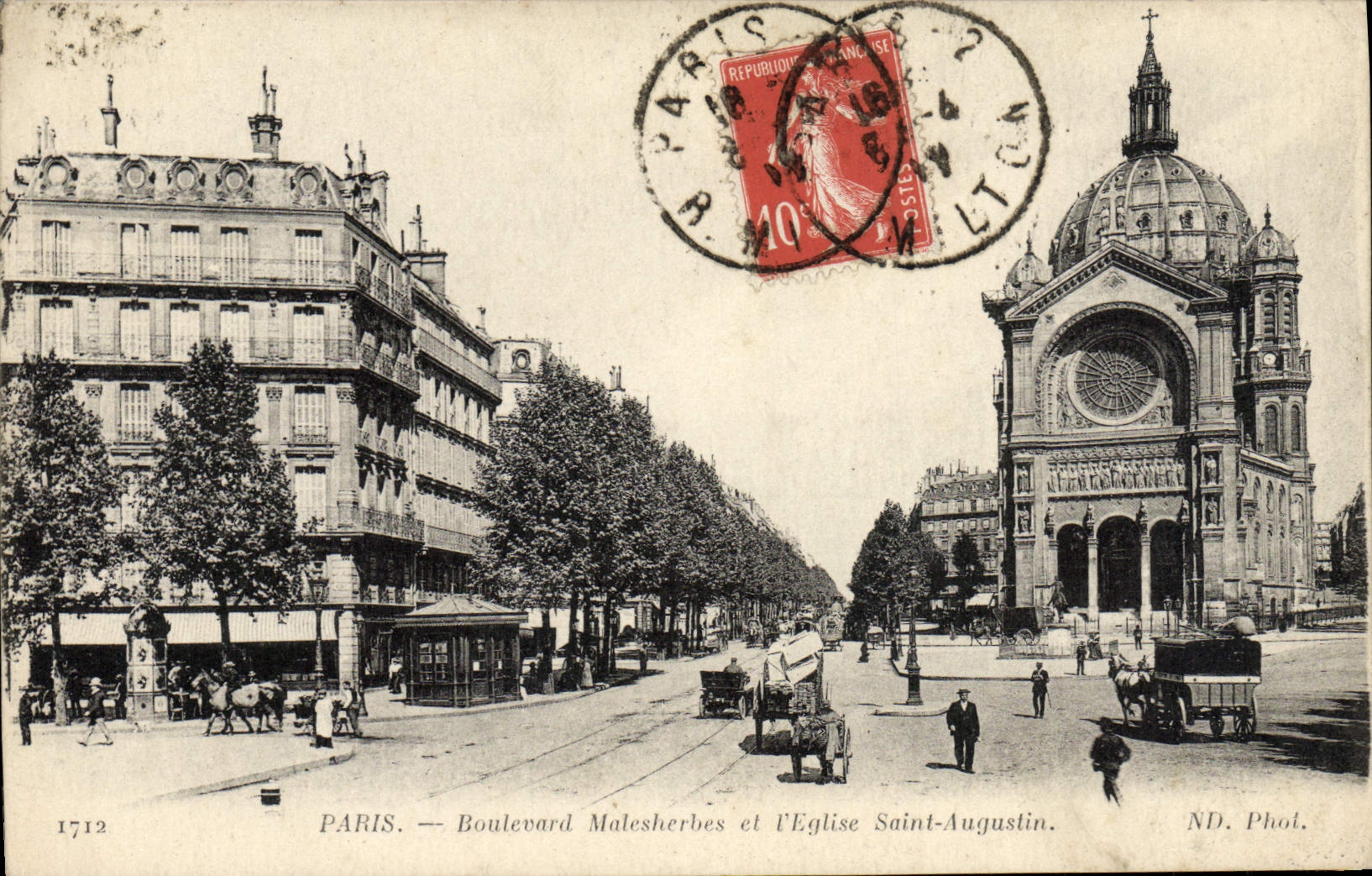 VINTAGE POSTCARD Paris Boulevard Malesherbes and the church Saint Augustin