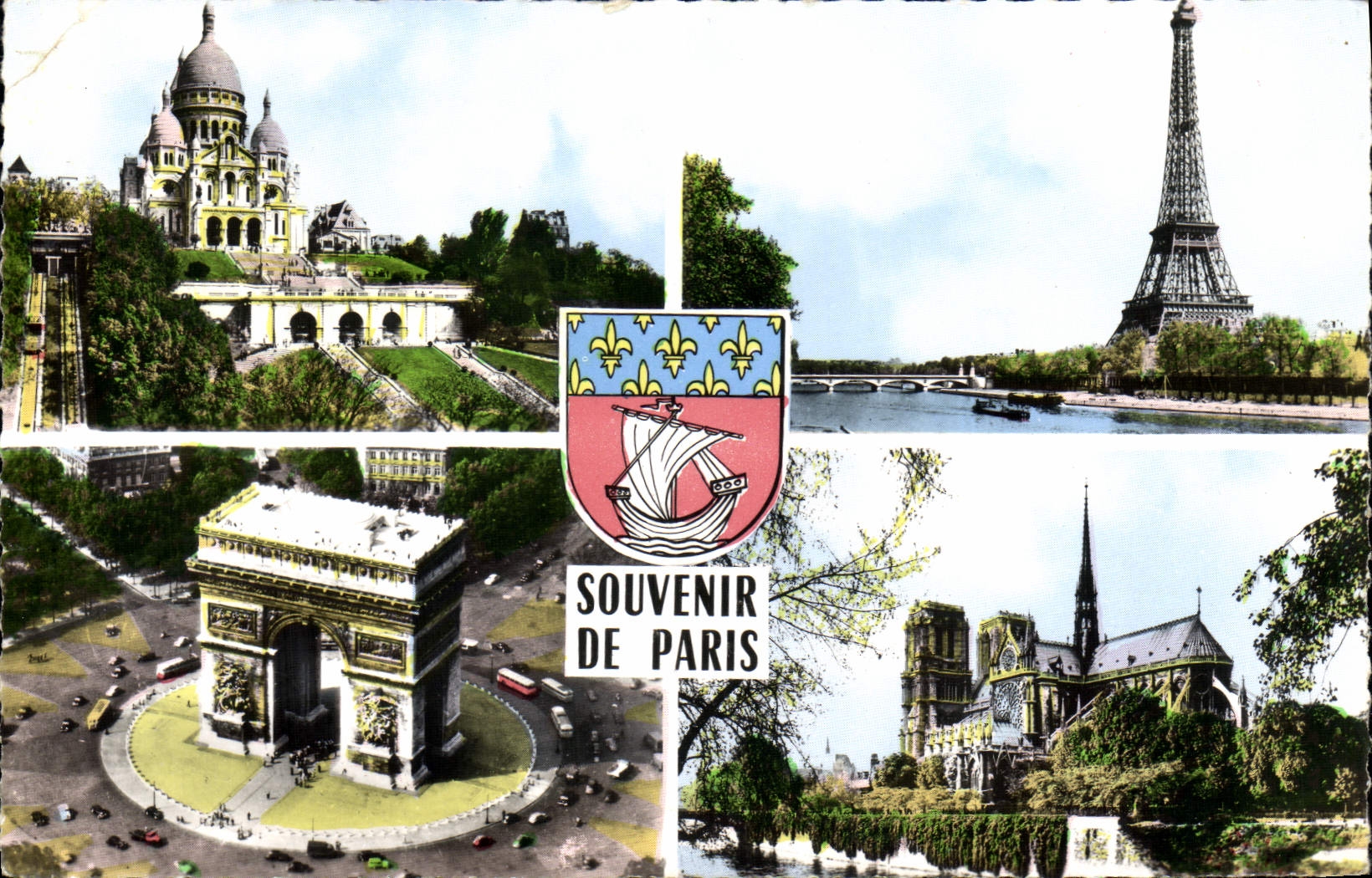 CPM Souvenir De Paris Sacre Coeur Tour Eiffel Arc de Triomphe Notre Dame