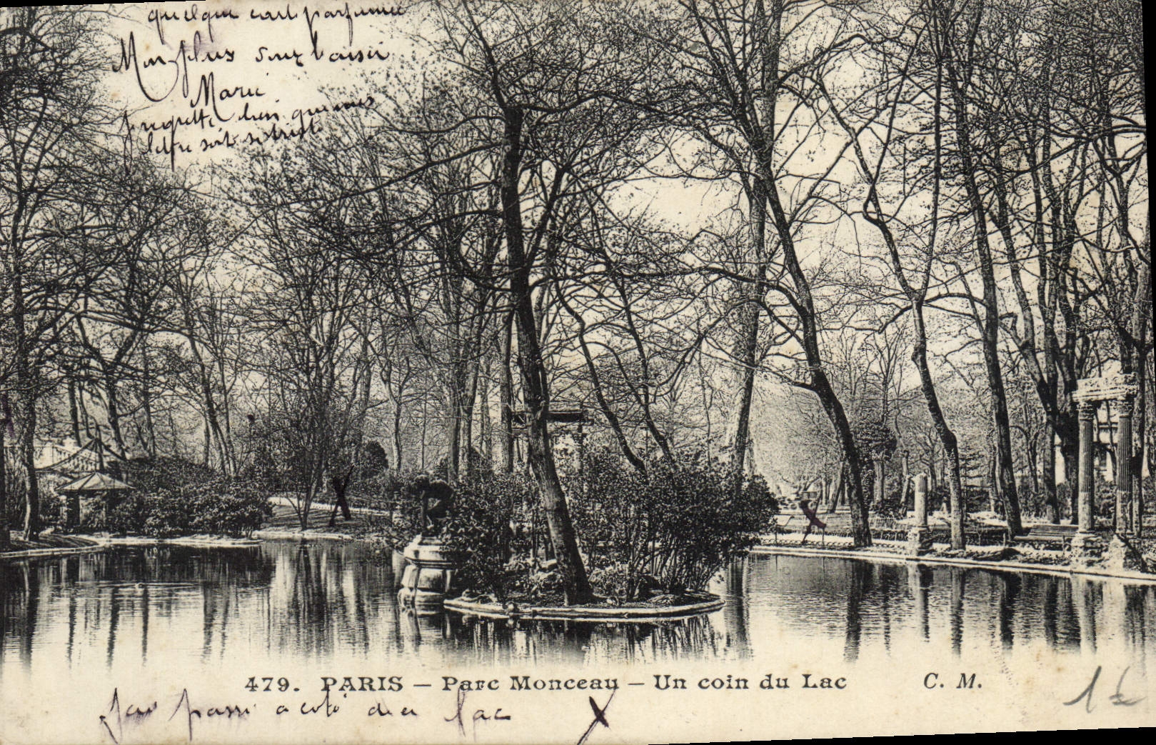 Montón del parque de París de la POSTAL de la VENDIMIA una esquina del lago