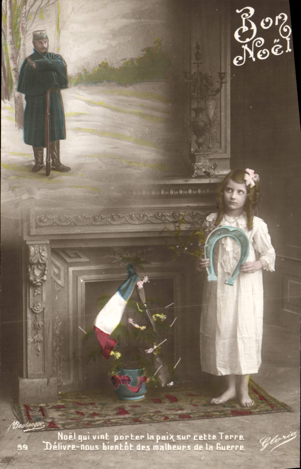 VINTAGE POSTCARD Fantaisie Child Christmas Horseshoe Militaria