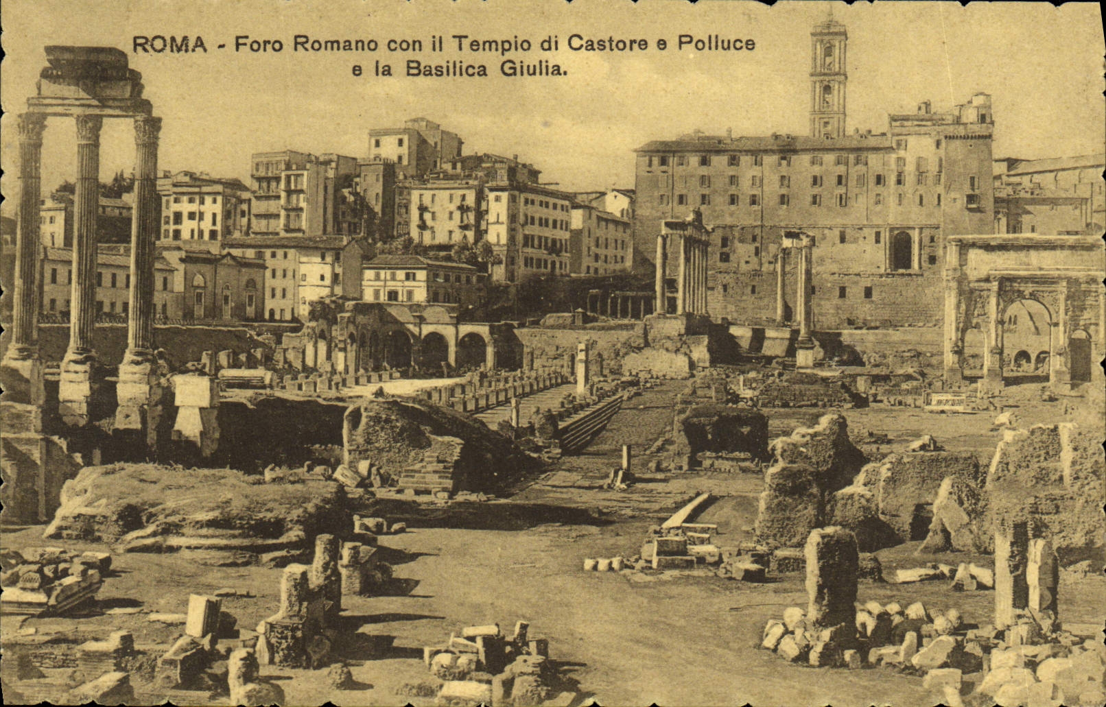Esquina del romano de Roma Foro de la POSTAL de la VENDIMIA él basílica Julia de Tempio di Castore E Polluce E