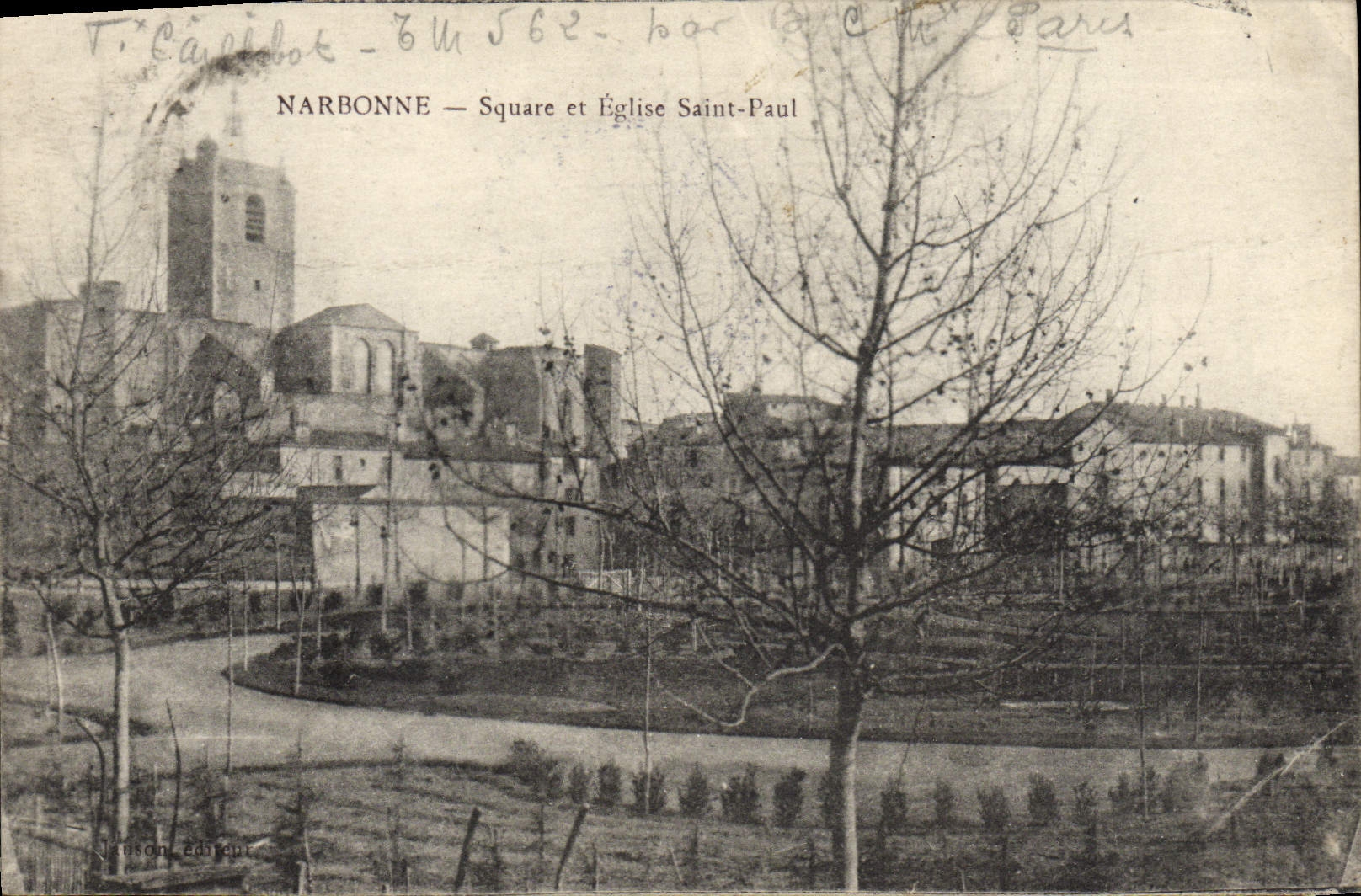 Jardín público de Narbonne de la POSTAL de la VENDIMIA y depósito del sello de Eglise San Pablo de los fusileros del Aix en Provence