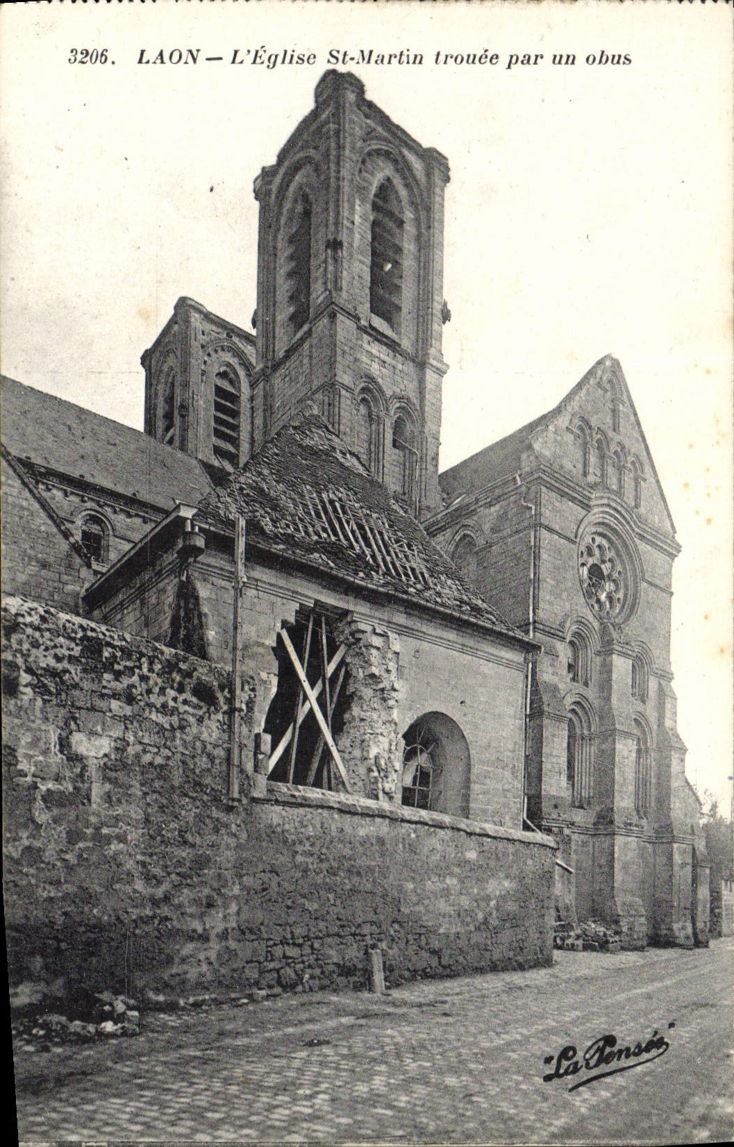 VINTAGE POSTCARD Laon the Church St Martin Trouee By a Militaria Shell