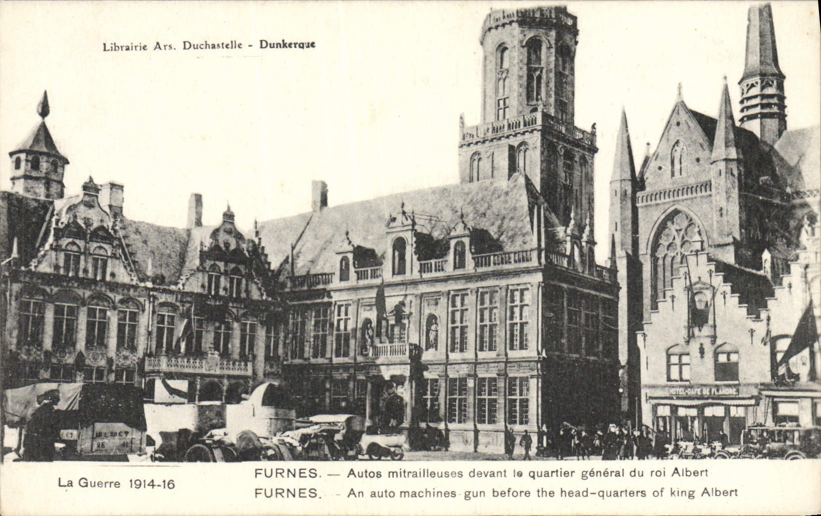 VINTAGE POSTCARD Furnes Cars Machine-guns Before the General headquarter of king Albert Militaria