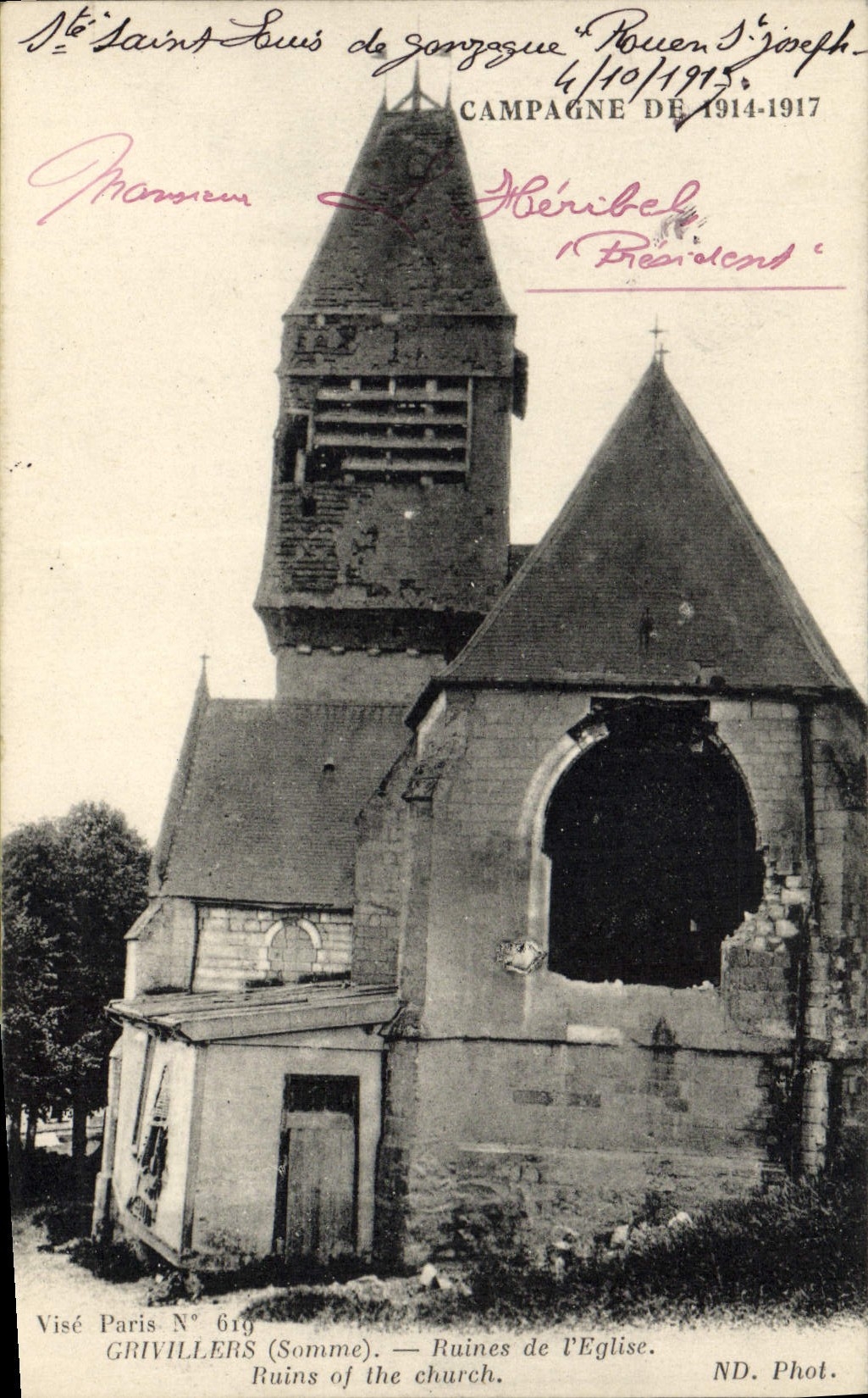 VINTAGE POSTCARD Militaria Grivillers Ruins De I' Eglise