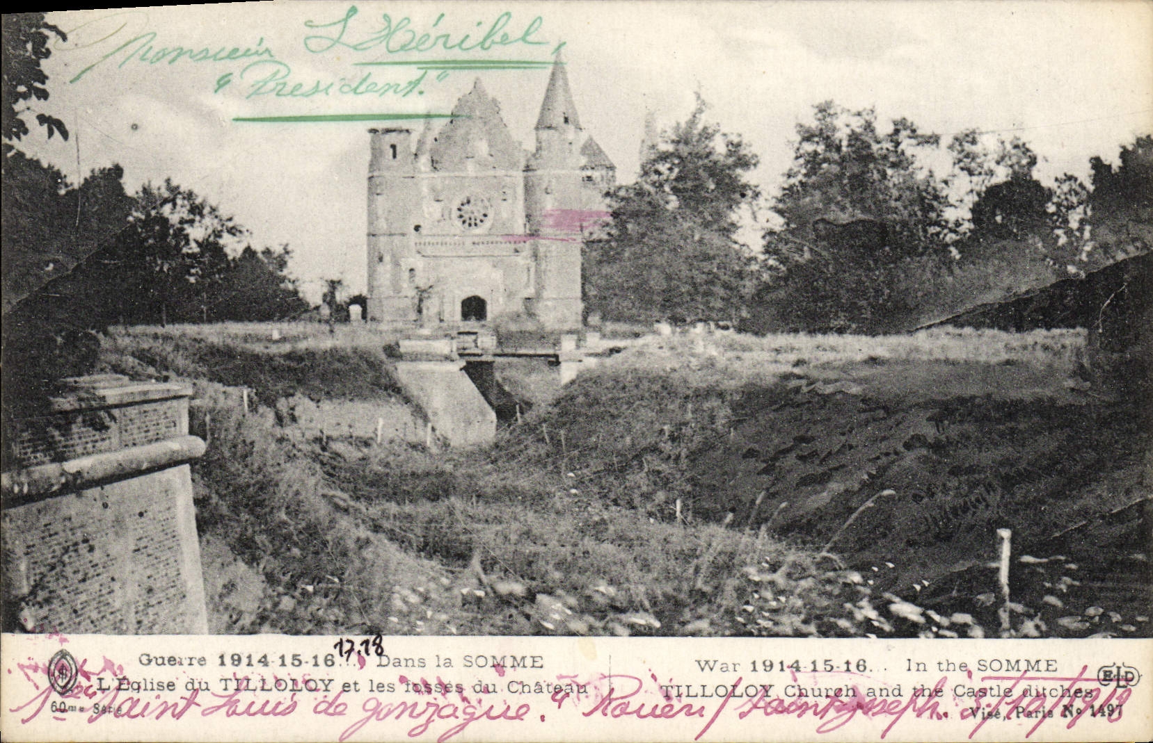 VINTAGE POSTCARD Militaria War In the Tilloloy Sum the church and remainders of the castle