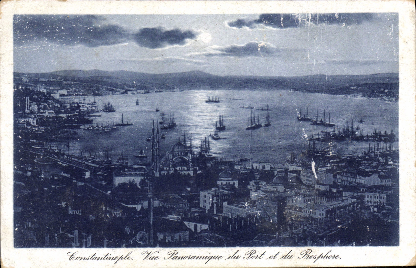 Opinión panorámica de Constantinople de la POSTAL de la VENDIMIA del puerto y del barco de Bosphorus