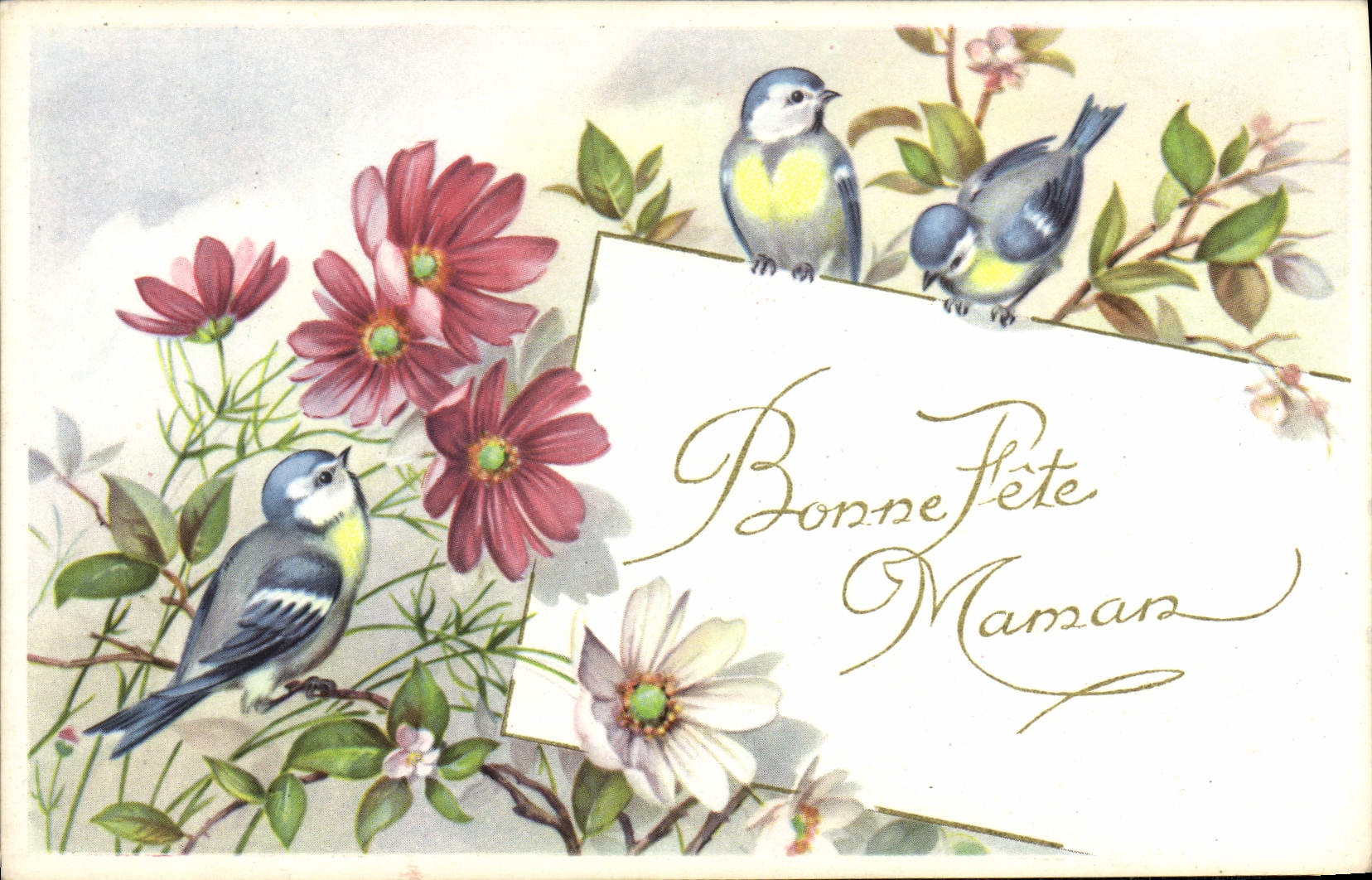 CPA Fantaisie Fleurs Oiseaux