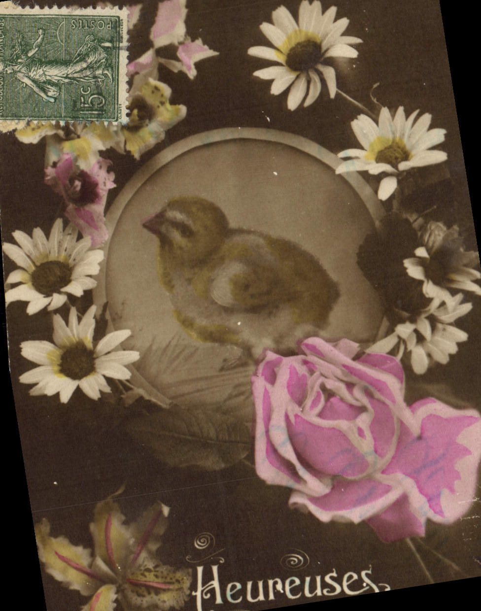 CPA Fantaisie Fleurs Poussin Paques